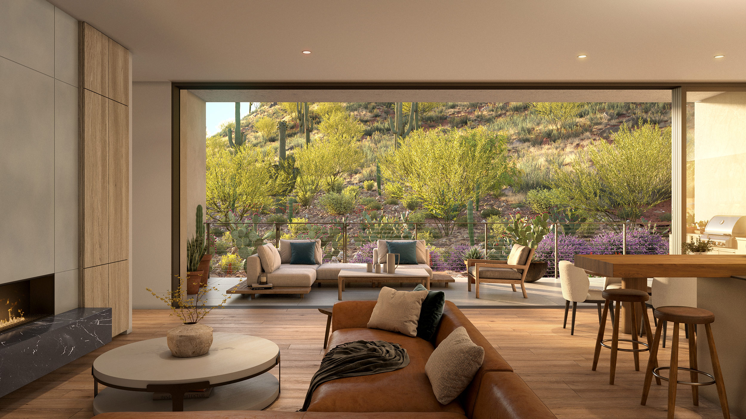 Interiors open to the cactus garden and Camelback Mountain's natural flora and fauna.