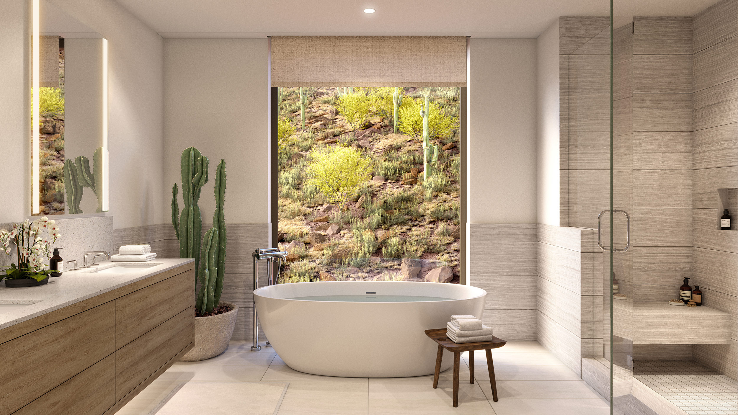 Spa-inspired master bathrooms featuring frameless glass shower, freestanding tub, and elegant Waterworks fixtures.