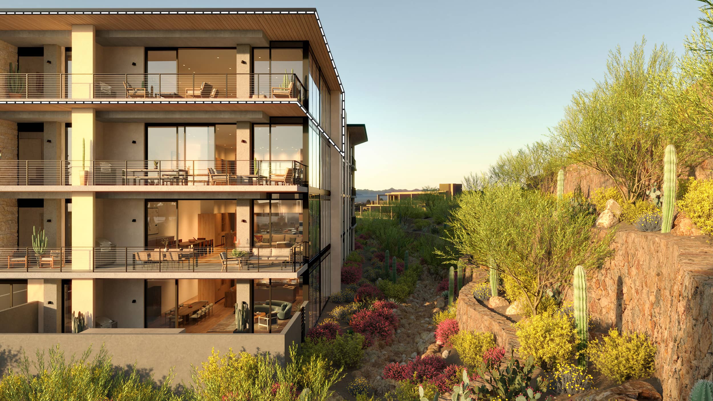 Residence 409's large patio overlooks the Ascent desert gardens and Camelback Mountain.