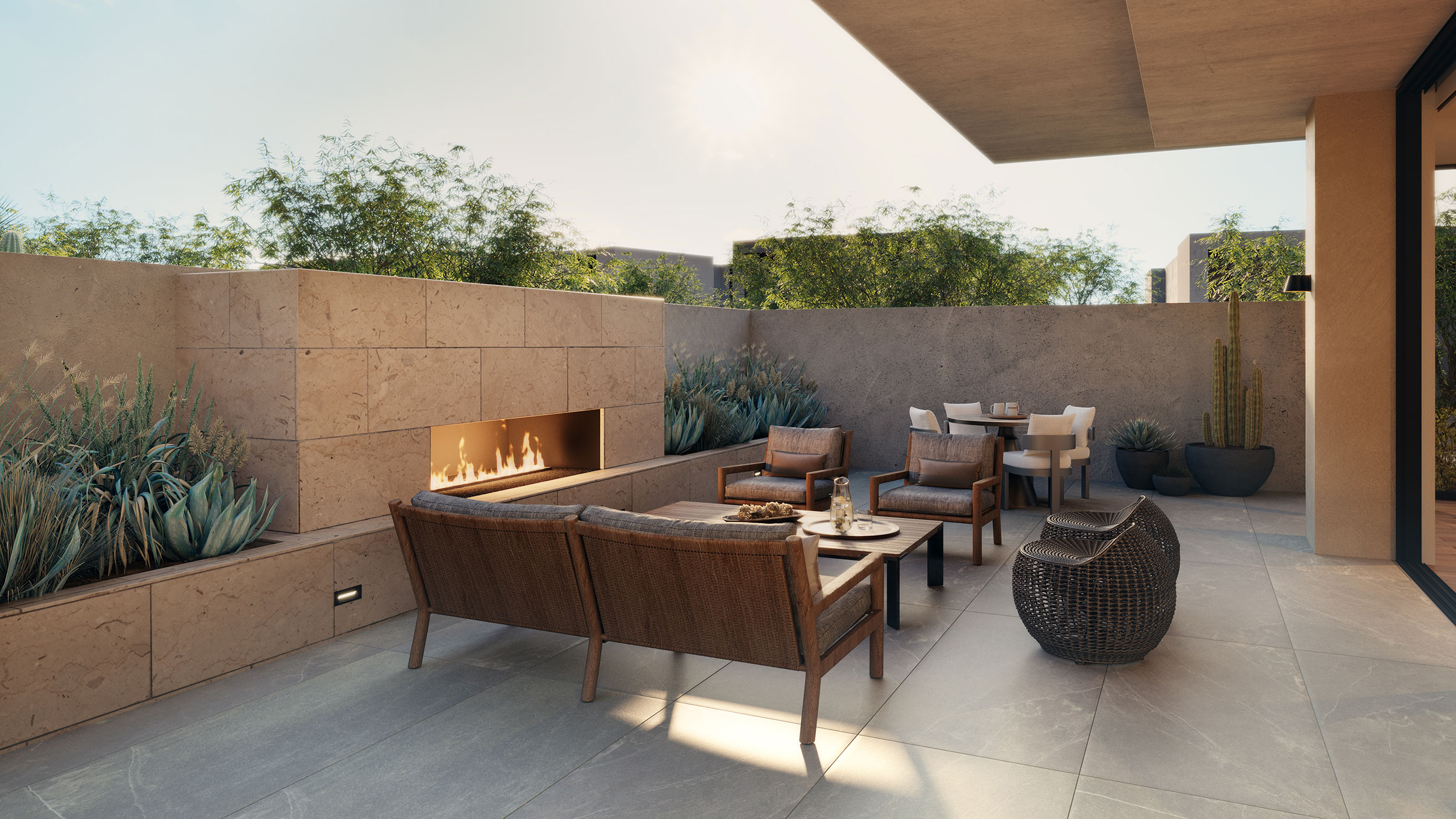 Outdoor living and dining areas receive partial cover from the sun.
